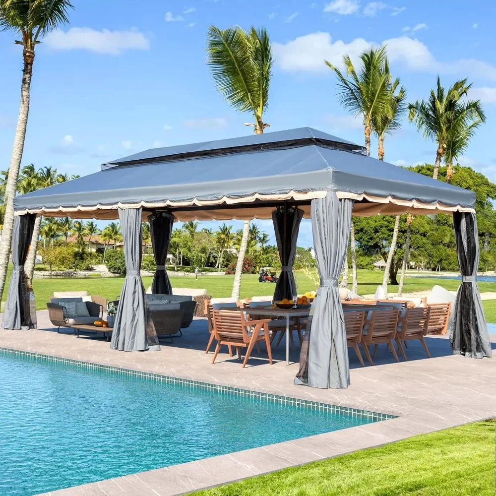 10x20 Canopy, Double Roof Patio Steel Frame with Netting and Shade Curtains
