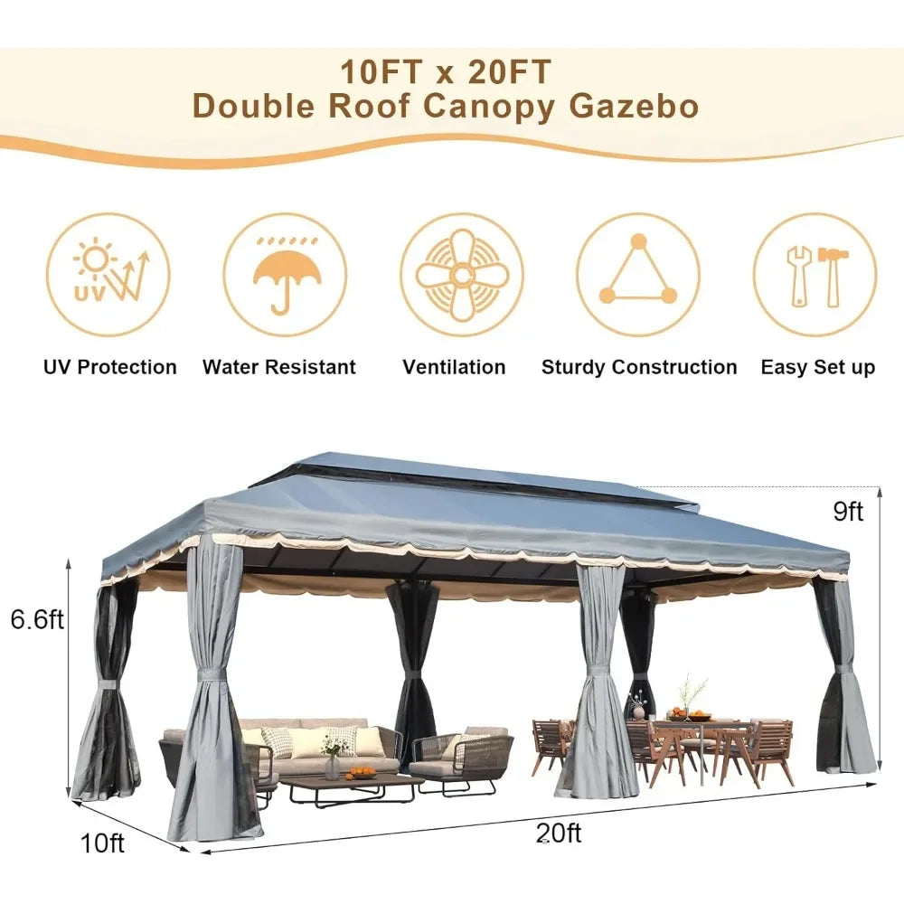 10x20 Canopy, Double Roof Patio Steel Frame with Netting and Shade Curtains