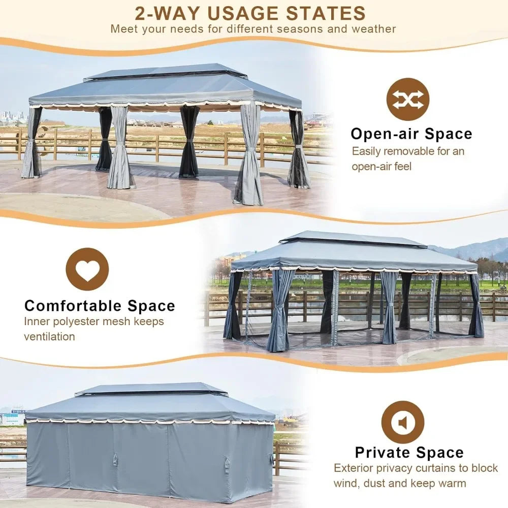 10x20 Canopy, Double Roof Patio Steel Frame with Netting and Shade Curtains
