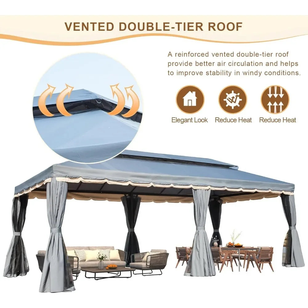 10x20 Canopy, Double Roof Patio Steel Frame with Netting and Shade Curtains